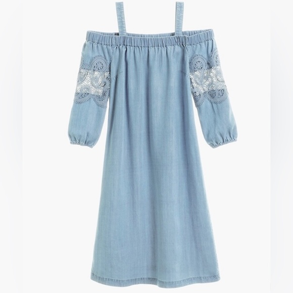 CHICO'S SIZE 0 (US Sz 4) OFF THE SHOULDER EMBROIDERED CHAMBRAY LACE DENIM DRESS - Picture 4 of 14